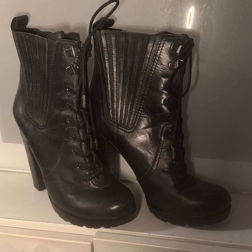 Vince Camuto Black Leather Lace-Up Boots